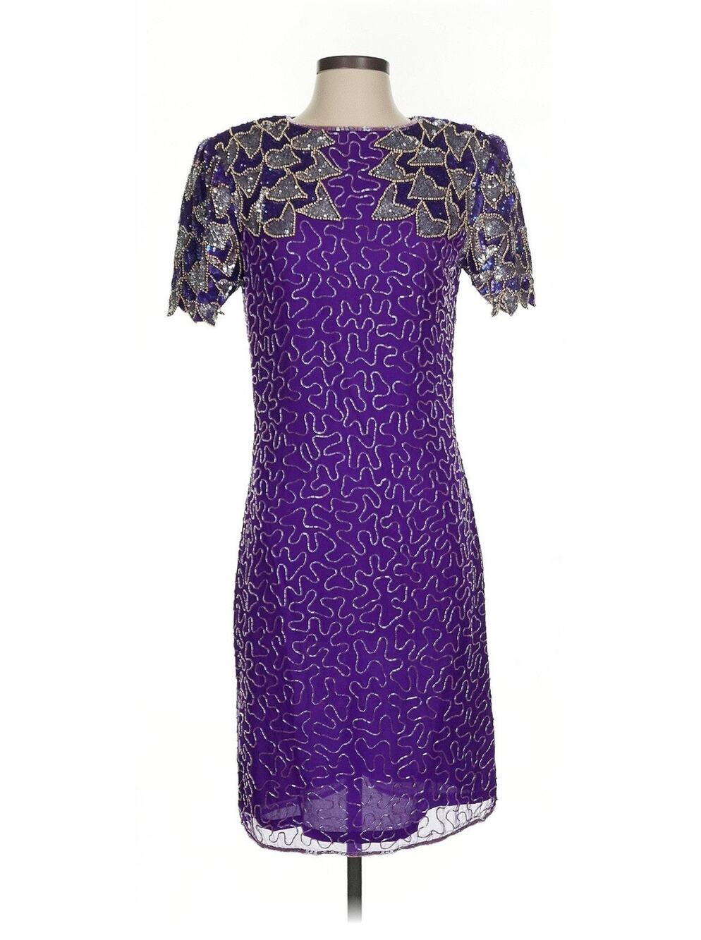 NWT VTG Carina Beaded Midi Dress Purple Silk 80s Hearts Disco Mardi Gras Small